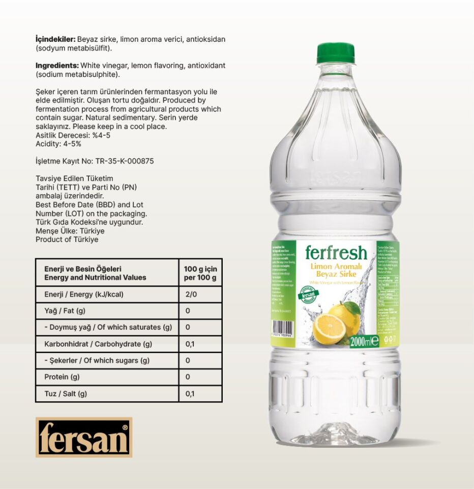 Ferfresh Beyaz Sirke 2 Lt Pet Limon Aromalı