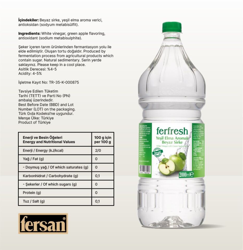 Ferfresh Beyaz Sirke 2 Lt Pet Yeşil Elma Aromalı