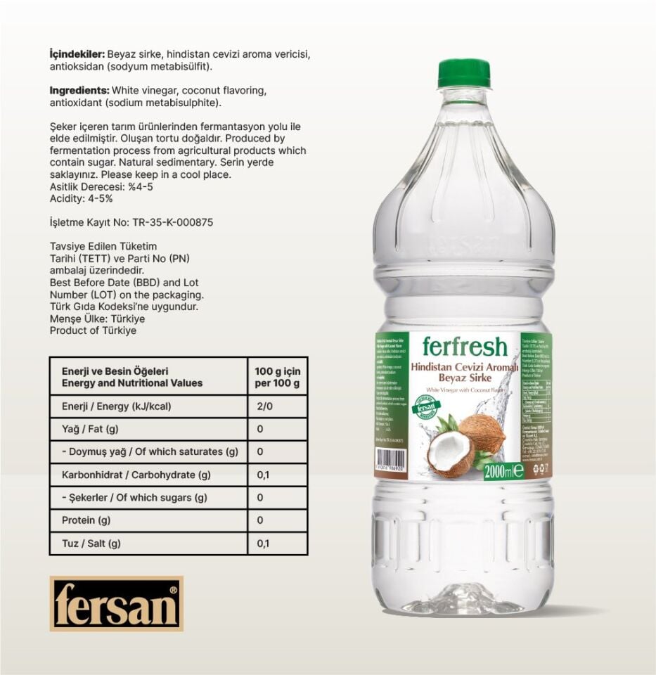 Ferfresh Beyaz Sirke 2 Lt Pet Hindistan Cevizi Aromalı