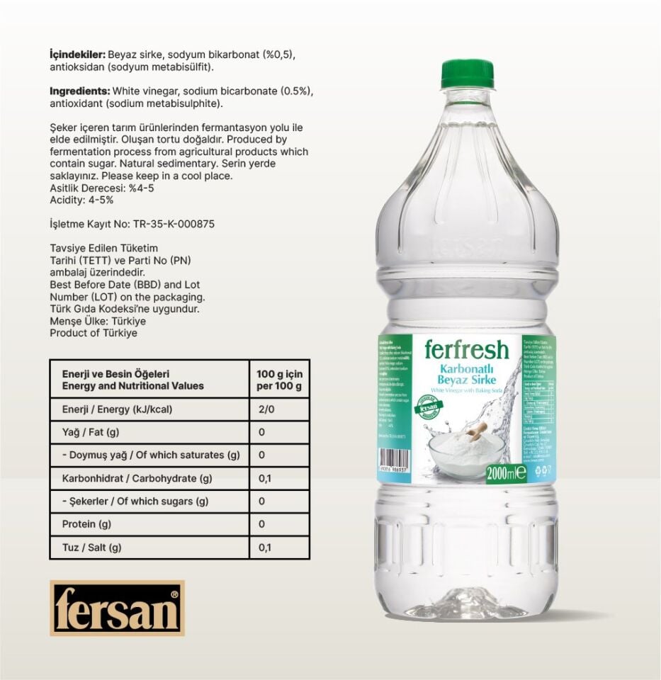 Ferfresh Beyaz Sirke 2 Lt Pet Karbonatlı x 3 Adet